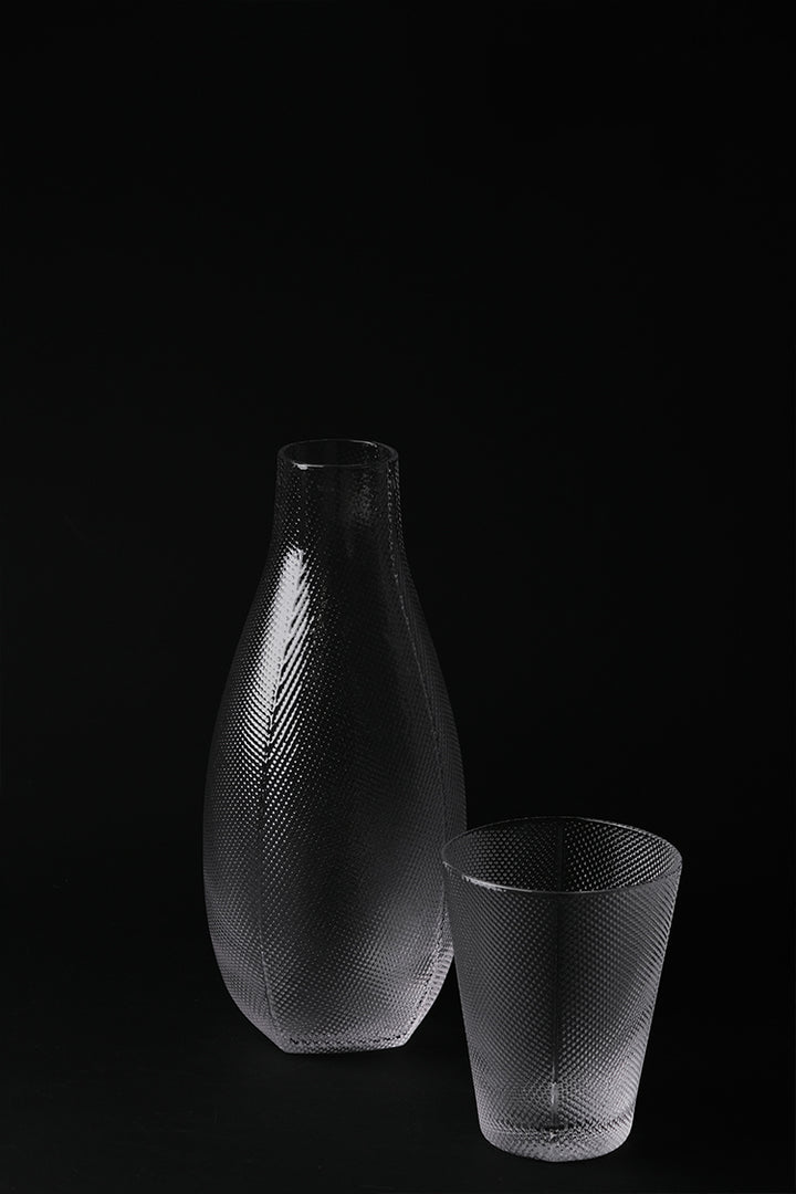Minimalist Handmade Murano Clear Glass Carafe and Bowl Set with Nano Texture Italian Import