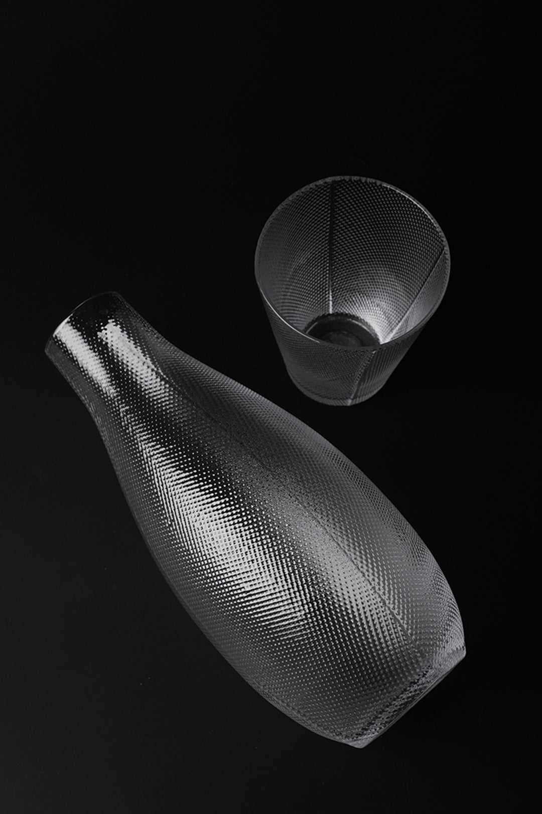Minimalist Handmade Murano Clear Glass Carafe and Bowl Set with Nano Texture Italian Import