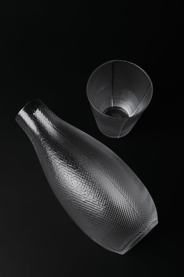 Minimalist Handmade Murano Clear Glass Carafe and Bowl Set with Nano Texture Italian Import