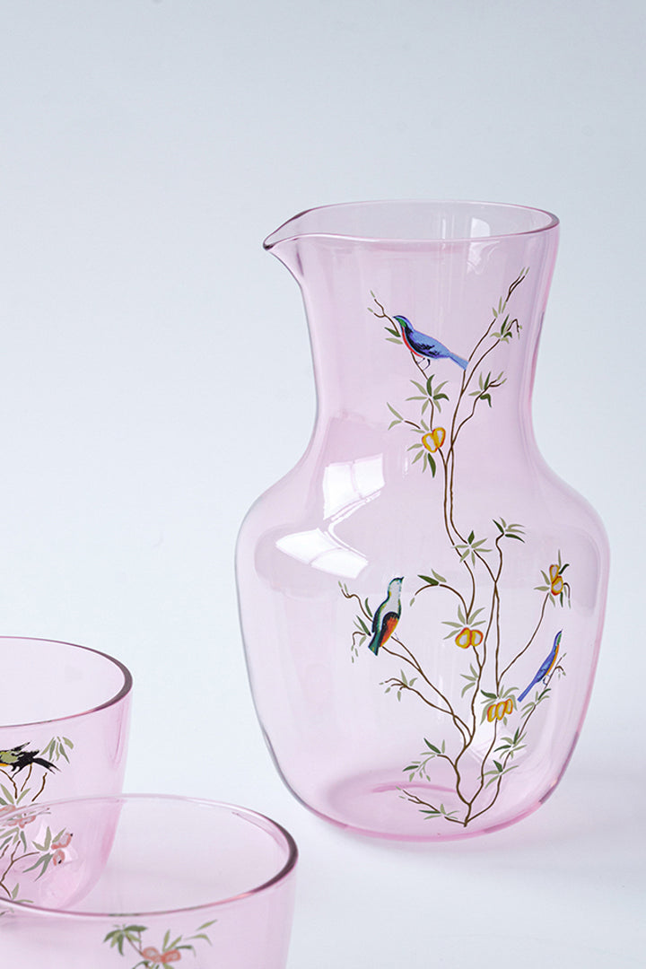 Artistical Murano Handmade Pink Glass Carafe and Decorative Wine Glass and in Hand-Painted Bird Motifs