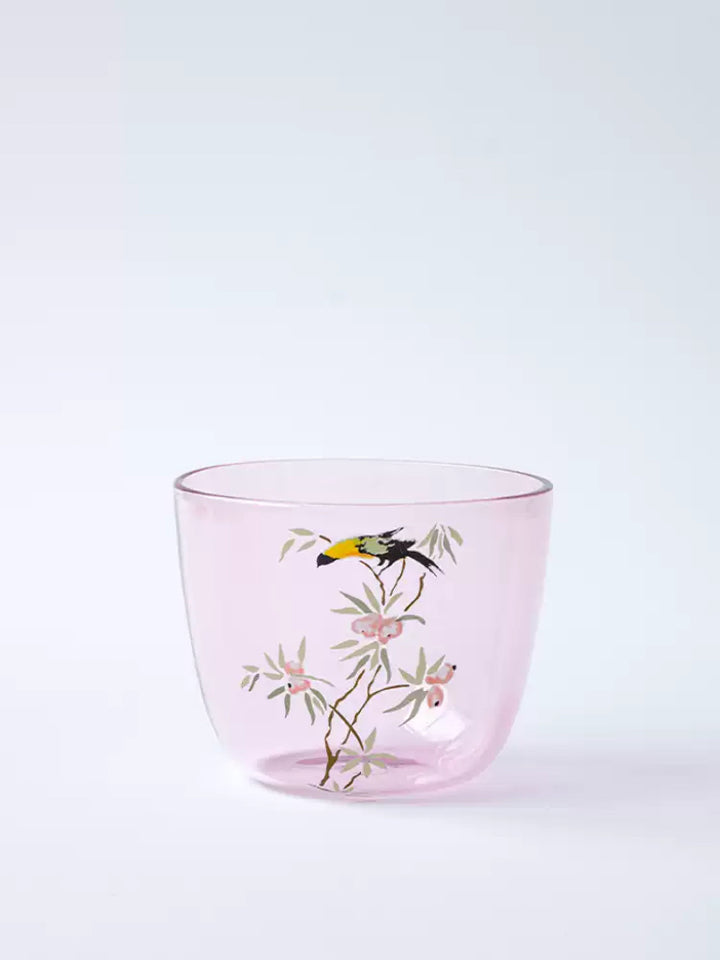 Artistical Murano Handmade Pink Glass Carafe and Decorative Wine Glass and in Hand-Painted Bird Motifs