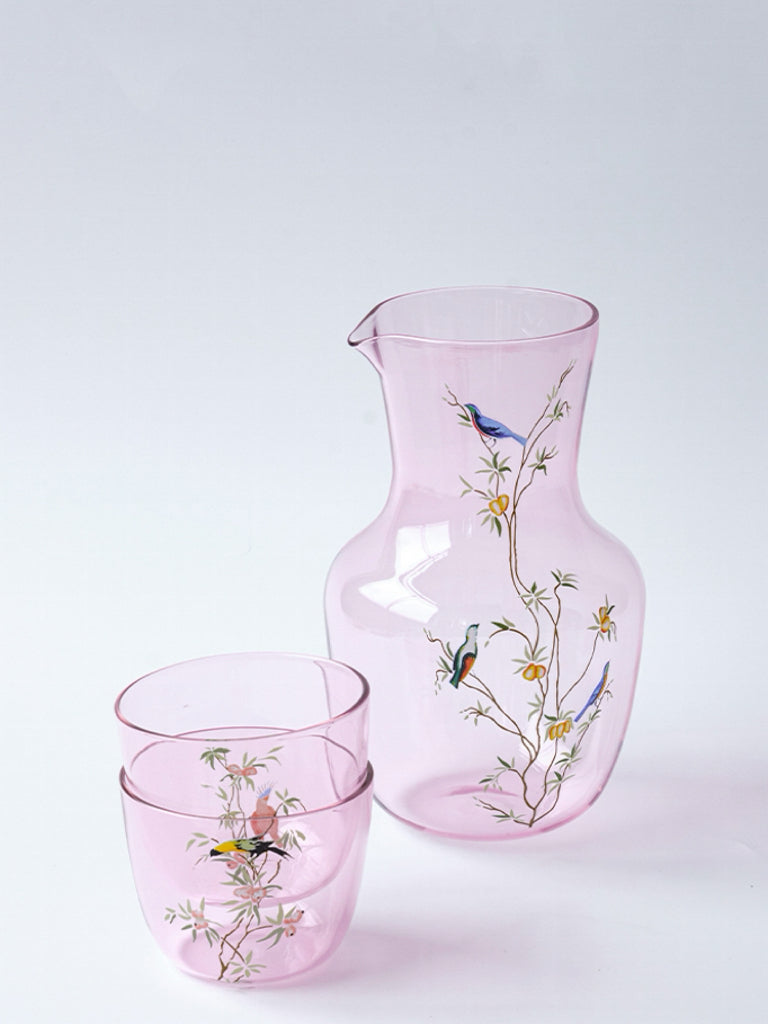 Artistical Murano Handmade Pink Glass Carafe and Decorative Wine Glass and in Hand-Painted Bird Motifs