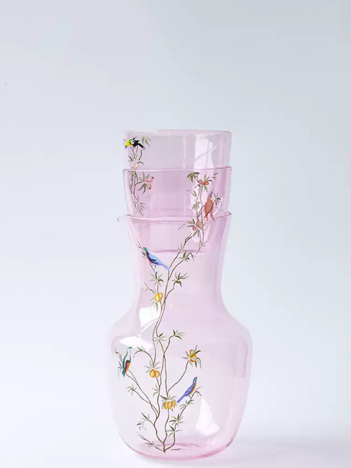Artistical Murano Handmade Pink Glass Carafe and Decorative Wine Glass and in Hand-Painted Bird Motifs