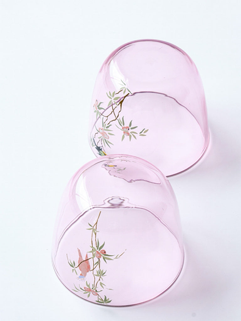 Artistical Murano Handmade Pink Glass Carafe and Decorative Wine Glass and in Hand-Painted Bird Motifs