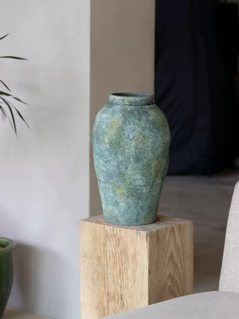 Artistical Moroccan Handmade Berber Clay Vase in Copper Green Wabi-Sabi Style