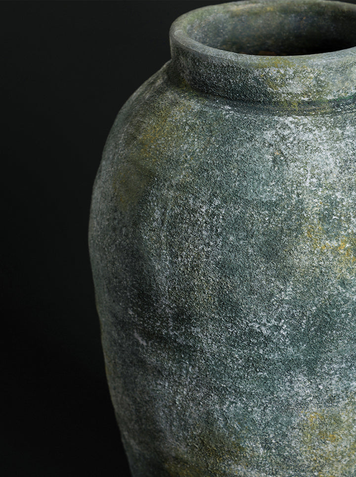 Artistical Moroccan Handmade Berber Clay Vase in Copper Green Wabi-Sabi Style