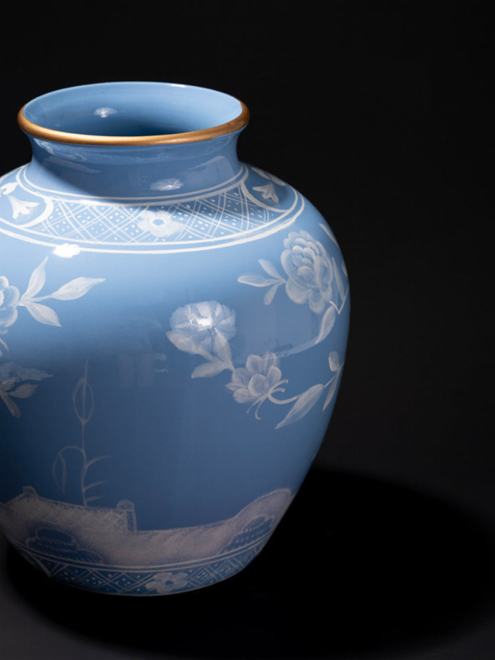 Antique Italian Smoky Blue and White Porcelain Vase with Hand-Painted Floral Motifs and Gilded Rim