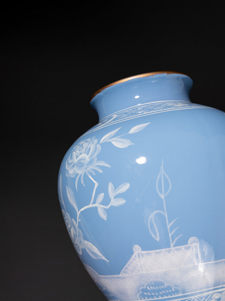 Antique Italian Smoky Blue and White Porcelain Vase with Hand-Painted Floral Motifs and Gilded Rim