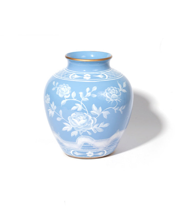 Antique Italian Smoky Blue and White Porcelain Vase with Hand-Painted Floral Motifs and Gilded Rim