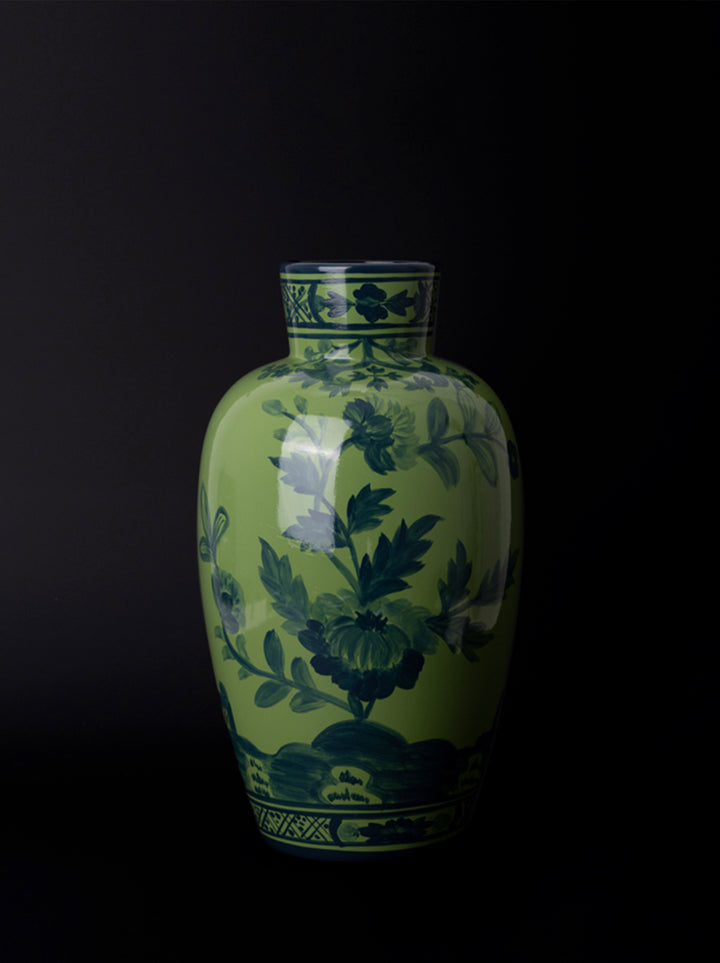 Oriental Italian Handmade Green Porcelain Vase with Indigo Hand-Painted Floral Motifs