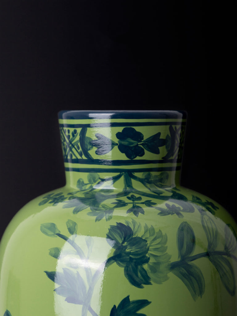 Oriental Italian Handmade Green Porcelain Vase with Indigo Hand-Painted Floral Motifs