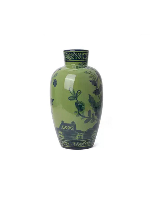 Oriental Italian Handmade Green Porcelain Vase with Indigo Hand-Painted Floral Motifs