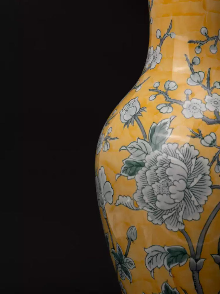 Antique European Imported Handmade Yellow Porcelain Vase with Hand-Painted Floral Motifs
