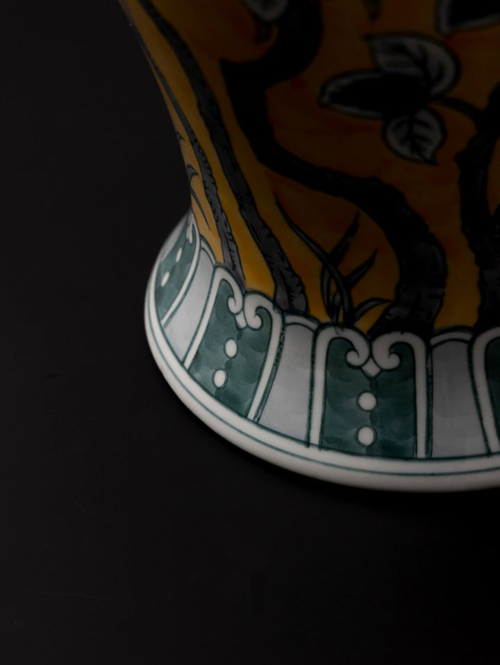 Antique European Imported Handmade Yellow Porcelain Vase with Hand-Painted Floral Motifs