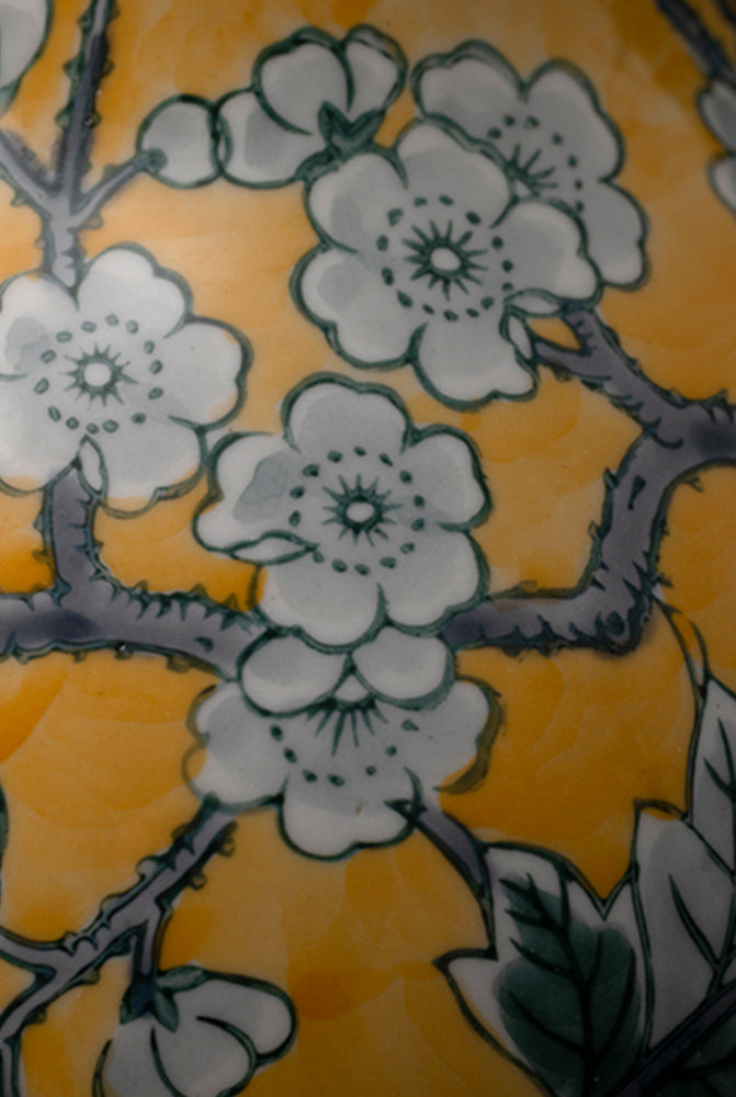 Antique European Imported Handmade Yellow Porcelain Vase with Hand-Painted Floral Motifs
