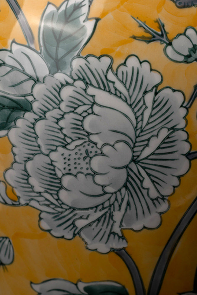 Antique European Imported Handmade Yellow Porcelain Vase with Hand-Painted Floral Motifs
