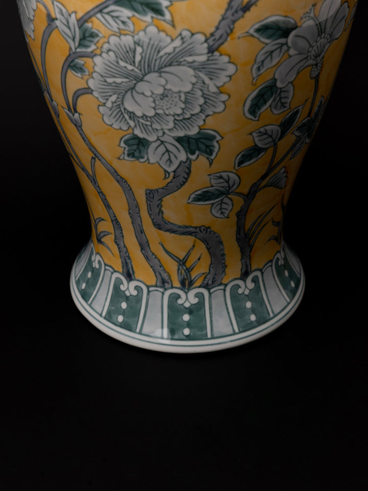 Antique European Imported Handmade Yellow Porcelain Vase with Hand-Painted Floral Motifs
