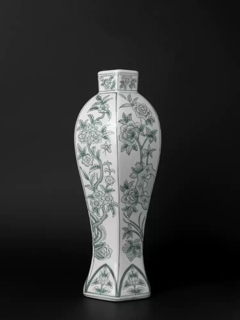Mandarin Handmade Green and White Porcelain Vase with Hand-Painted Celadon Floral Motifs