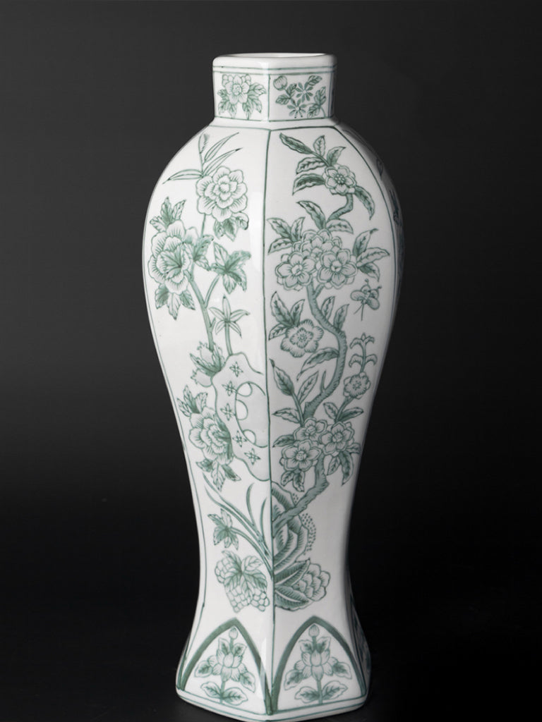 Mandarin Handmade Green and White Porcelain Vase with Hand-Painted Celadon Floral Motifs