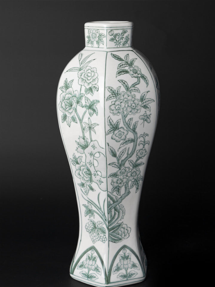 Mandarin Handmade Green and White Porcelain Vase with Hand-Painted Celadon Floral Motifs