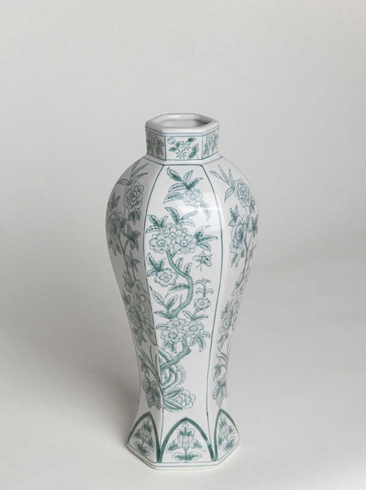 Mandarin Handmade Green and White Porcelain Vase with Hand-Painted Celadon Floral Motifs