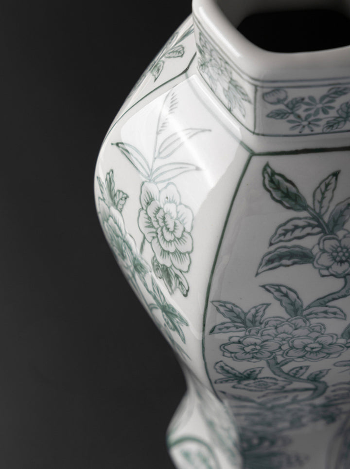 Mandarin Handmade Green and White Porcelain Vase with Hand-Painted Celadon Floral Motifs