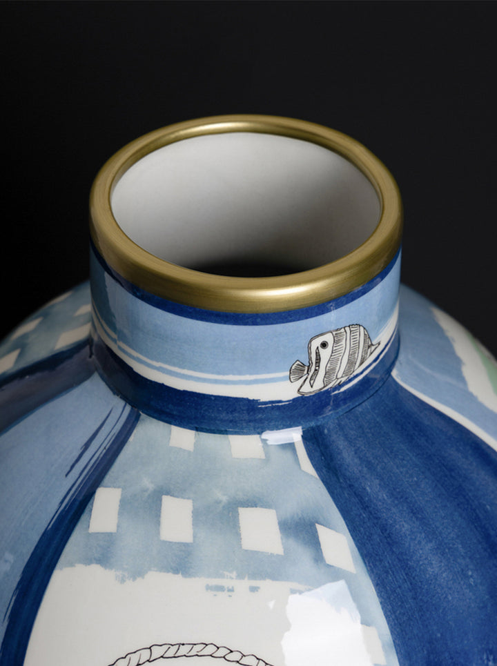 Antique Italian Blue and White Porcelain Vase Inspired by Richard Ginori with Hand-Painted Gilded Maritime Motifs