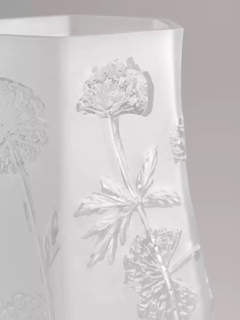 Antique French Handmade White Frosted Crystal Blown Glass Vases with Floral Relief Design