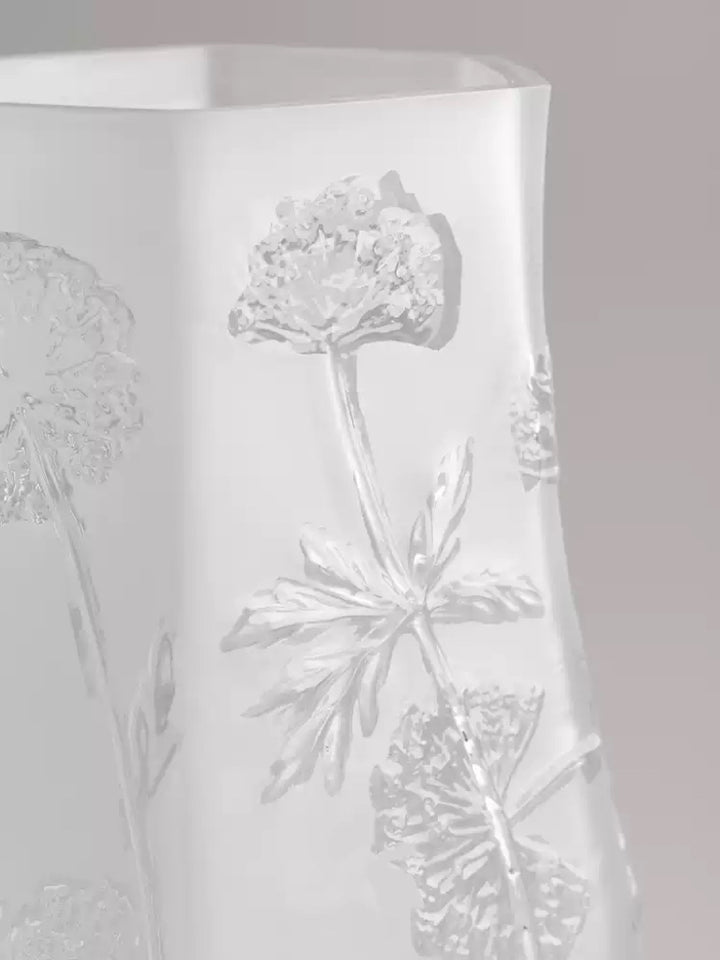 Antique French Handmade White Frosted Crystal Blown Glass Vases with Floral Relief Design