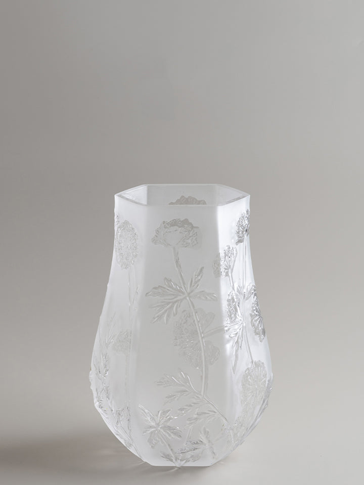 Antique French Handmade White Frosted Crystal Blown Glass Vases with Floral Relief Design