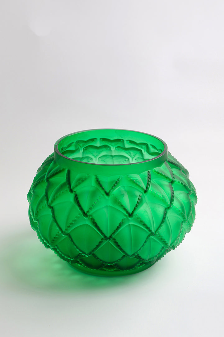 French Imported Art Deco Handmade Emerald Green Frosted Crystal Vase with Carved Art Glass Design