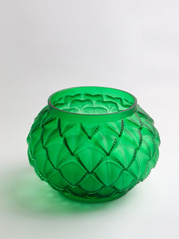 French Imported Art Deco Handmade Emerald Green Frosted Crystal Vase with Carved Art Glass Design
