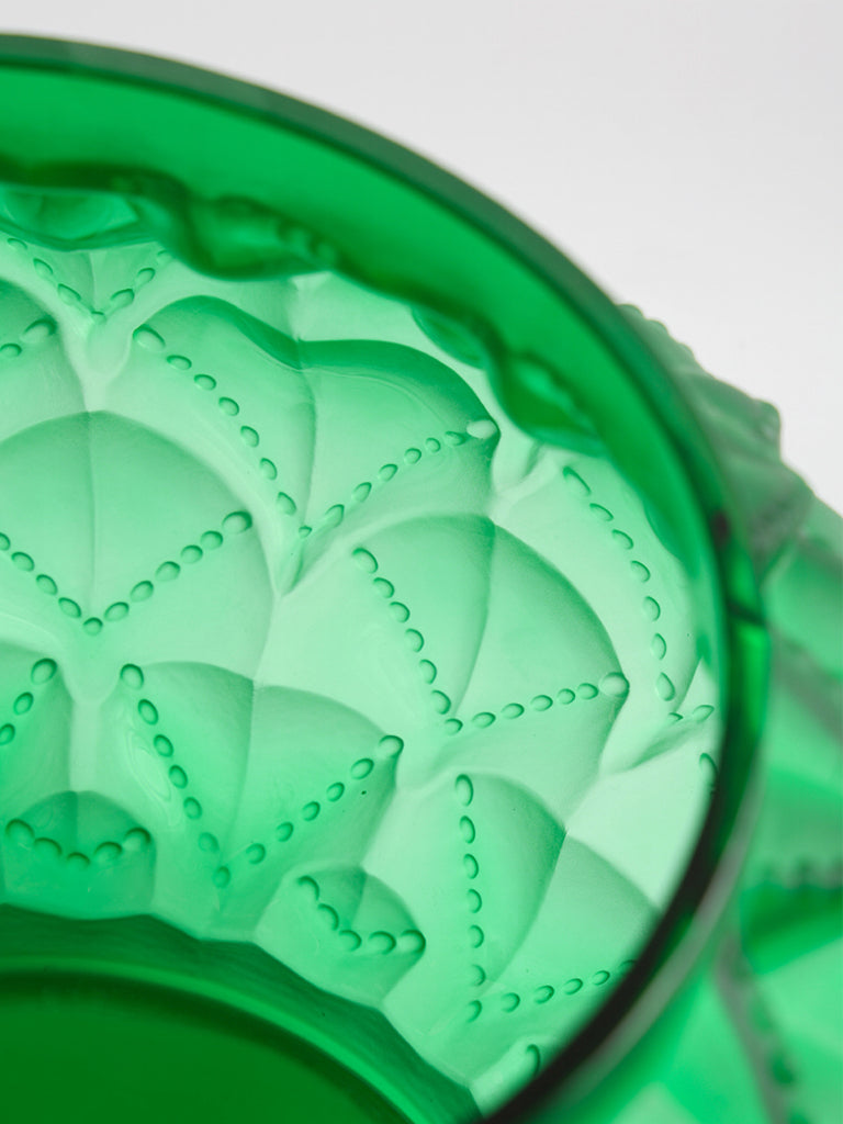 French Imported Art Deco Handmade Emerald Green Frosted Crystal Vase with Carved Art Glass Design