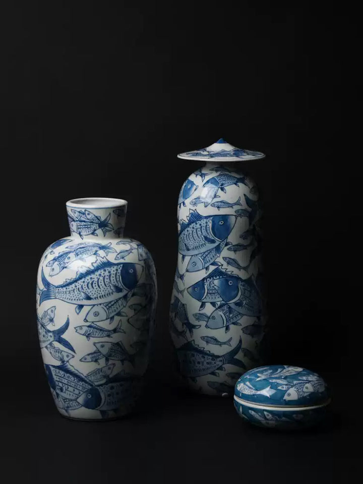 Oriental Handmade French Blue and White Porcelain Vase and Box Set with Hand-Painted Fish Motifs