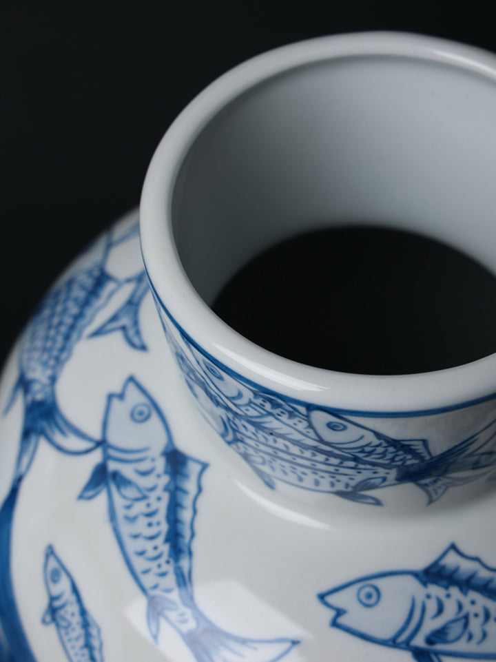 Oriental Handmade French Blue and White Porcelain Vase and Box Set with Hand-Painted Fish Motifs