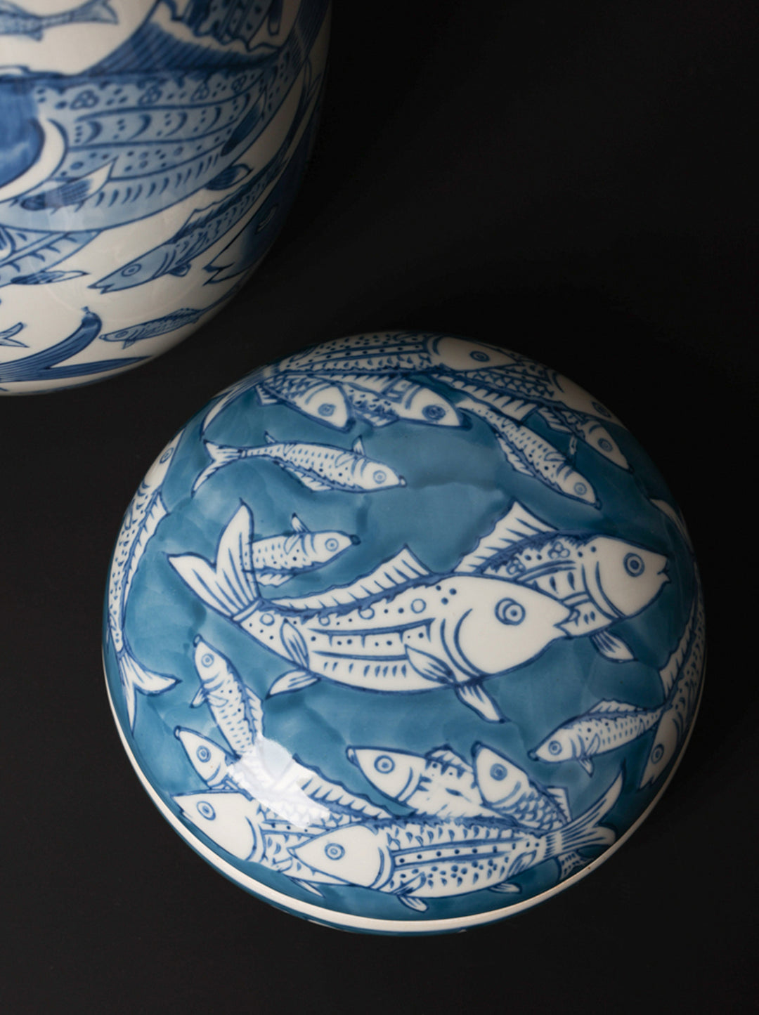 Oriental Handmade French Blue and White Porcelain Vase and Box Set with Hand-Painted Fish Motifs