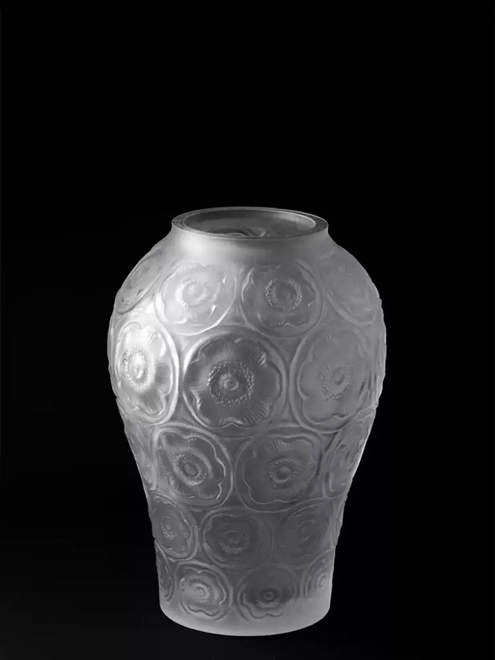 Antique French Handcrafted Transparent Frosted Crystal Glass Vase with Embossed Floral Motifs