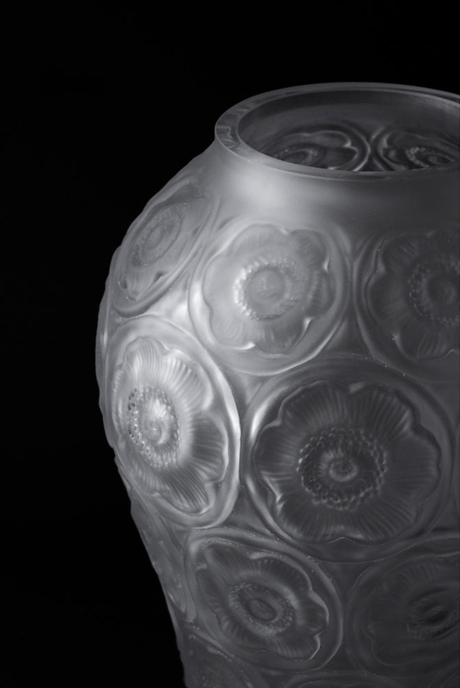 Antique French Handcrafted Transparent Frosted Crystal Glass Vase with Embossed Floral Motifs