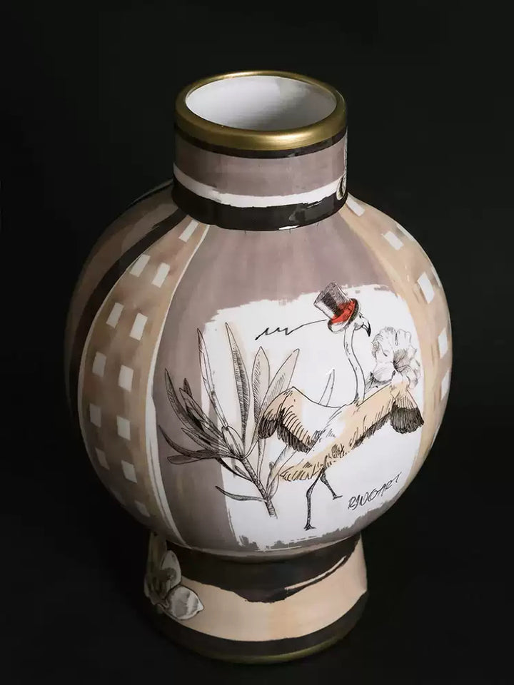 Vintage-Inspired Oriental Italian Light Cocoa Porcelain Vase with Hand-Painted Motifs