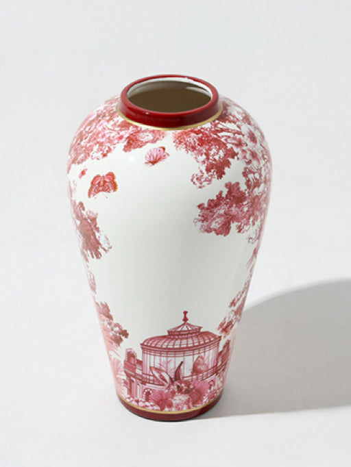 Vintage-Inspired Handmade Italian Red and White Porcelain Vase with Toile de Jouy Design