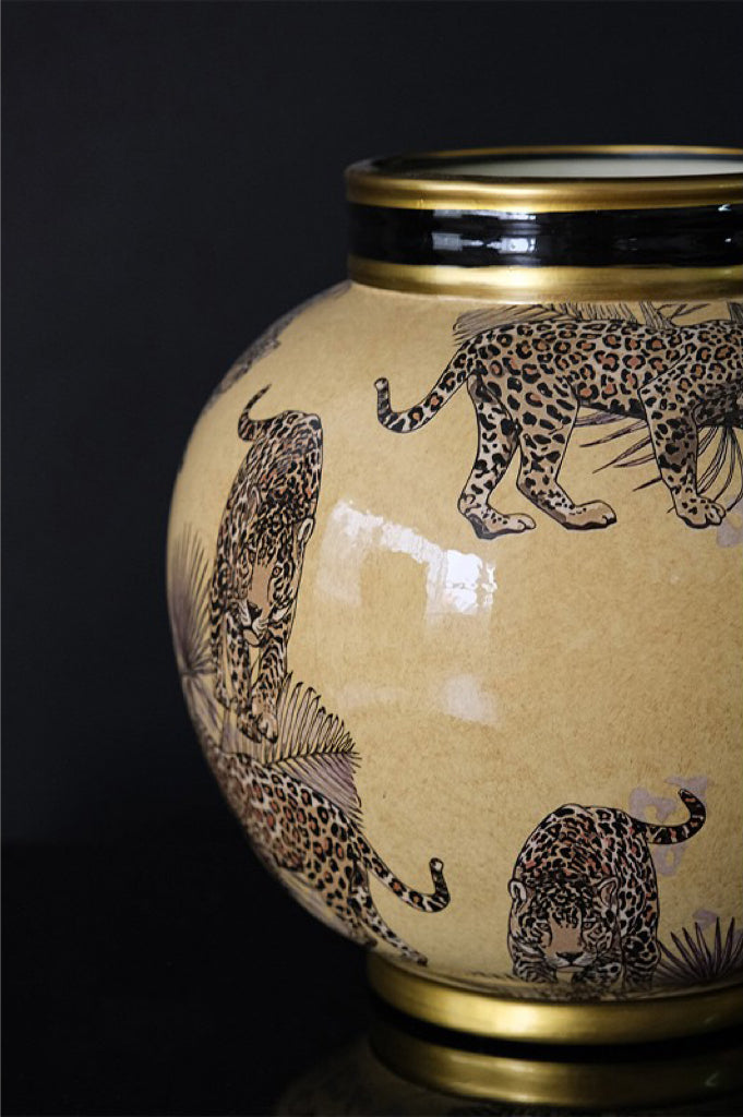Vintage-Inspired Handmade French Painted Ceramic Leopard Vase