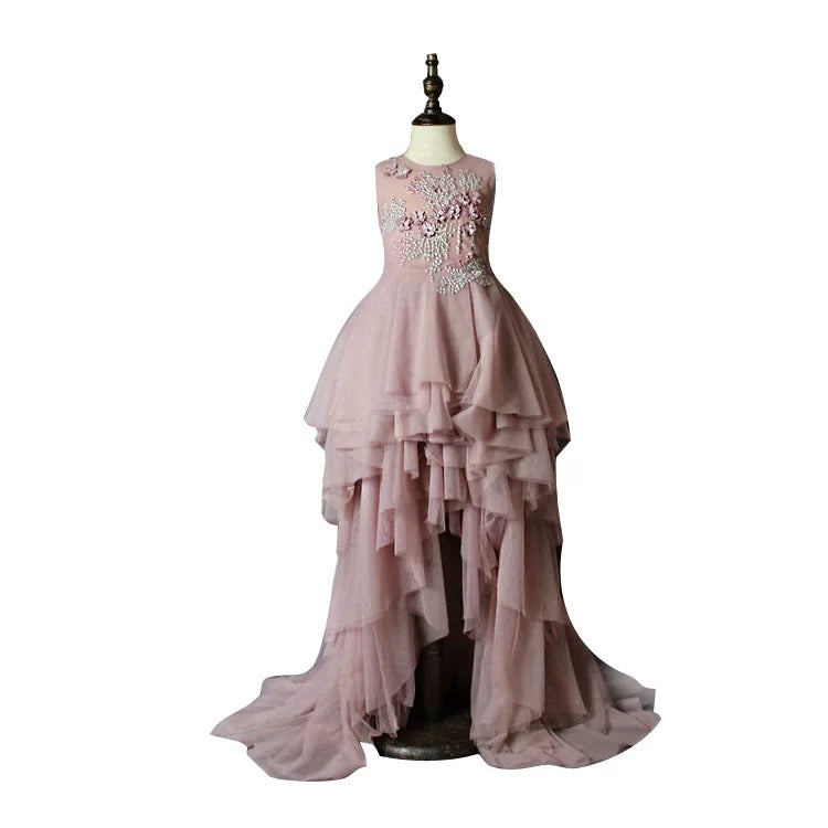 Dusty Rose Pink Layered Tulle Flower Girl Dress with 3D Floral Appliqué – Special Occasion Flower Girl Dress Plus Size