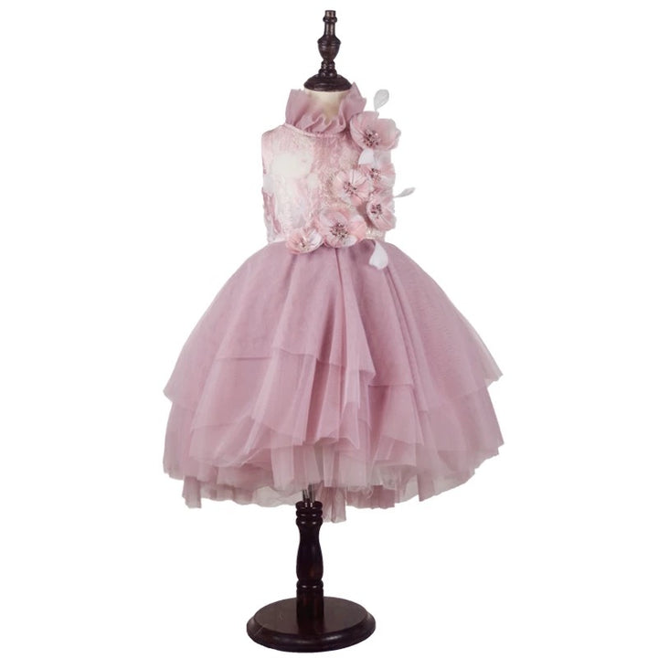 Dusty Mauve Pink Tulle Flower Girl Dress with 3D Floral Embroidery – Elegant Flower Girl Gown Plus Size