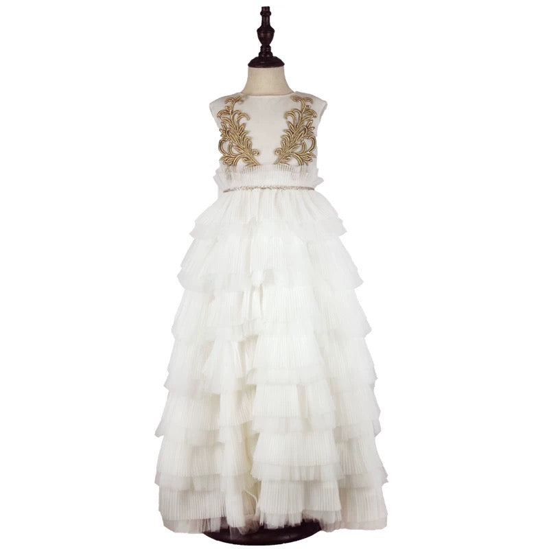 Ivory Layered Tulle Flower Girl Dress with Gold Embroidery – Special Occasion  Flower Girl Dress Plus Size