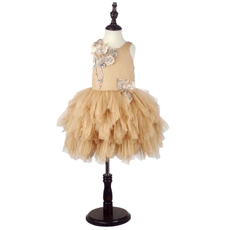 Golden Tulle Flower Girl Dress with 3D Floral Appliqué – Special Occasion Flower Girl Dress with Cape Plus Size