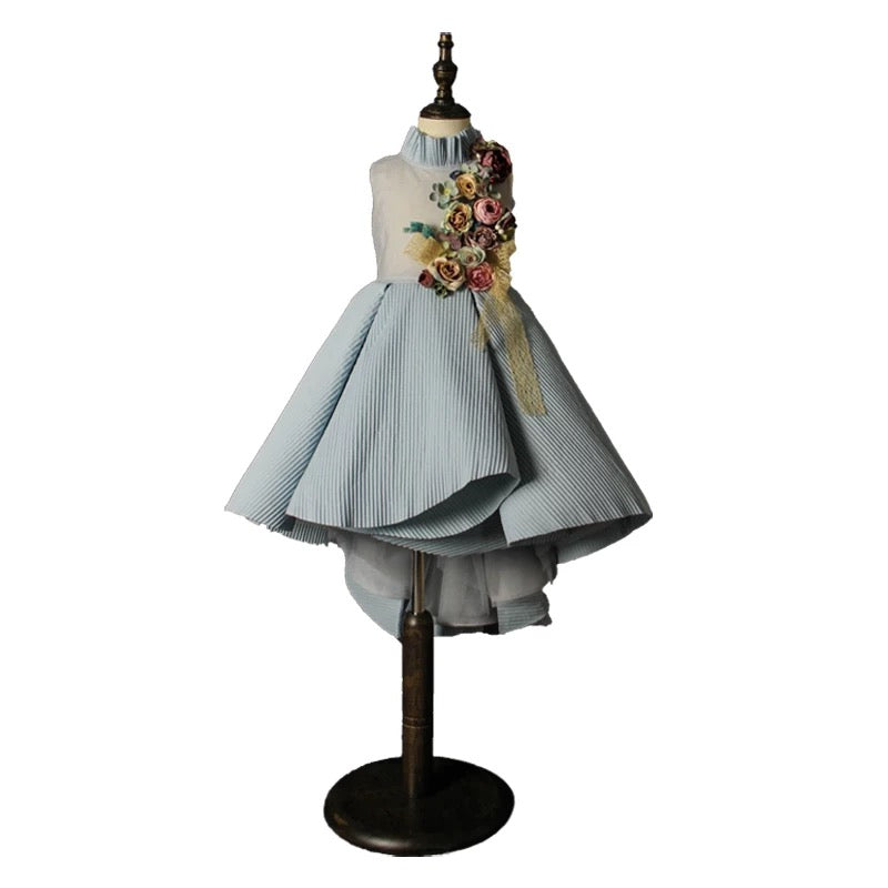 Light Blue Sleeveless Flower Girl Dress with 3D Floral Appliqué – Elegant Tulle Folwer Girl Dress Plus Size