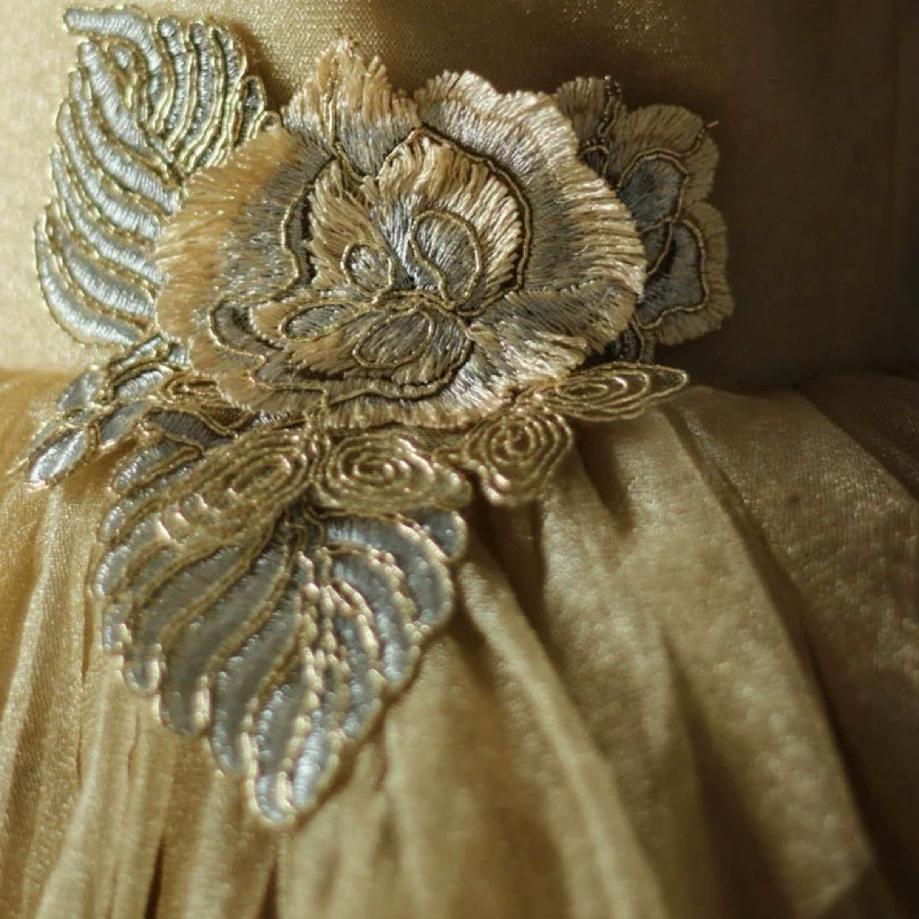 Golden Tulle Flower Girl Dress with 3D Floral Appliqué – Special Occasion Flower Girl Dress with Cape Plus Size