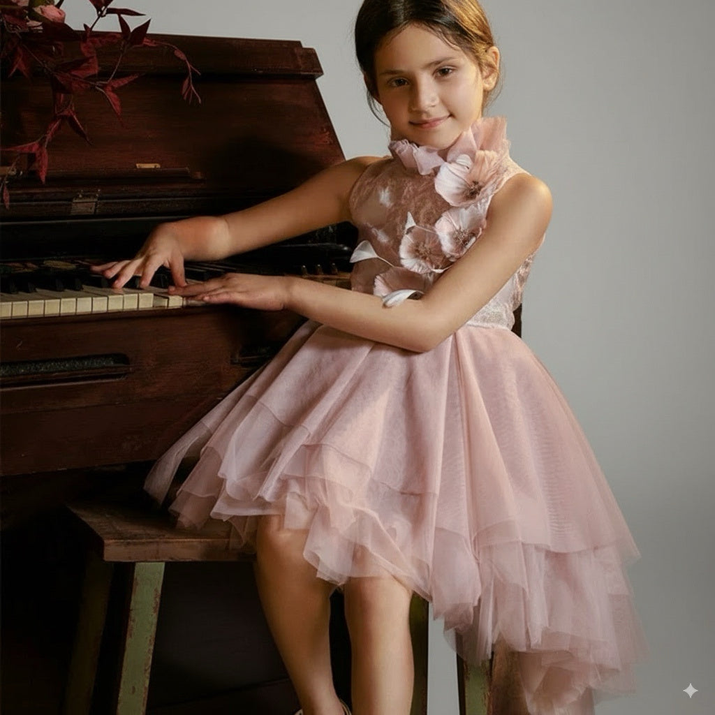 Dusty Mauve Pink Tulle Flower Girl Dress with 3D Floral Embroidery – Elegant Flower Girl Gown Plus Size
