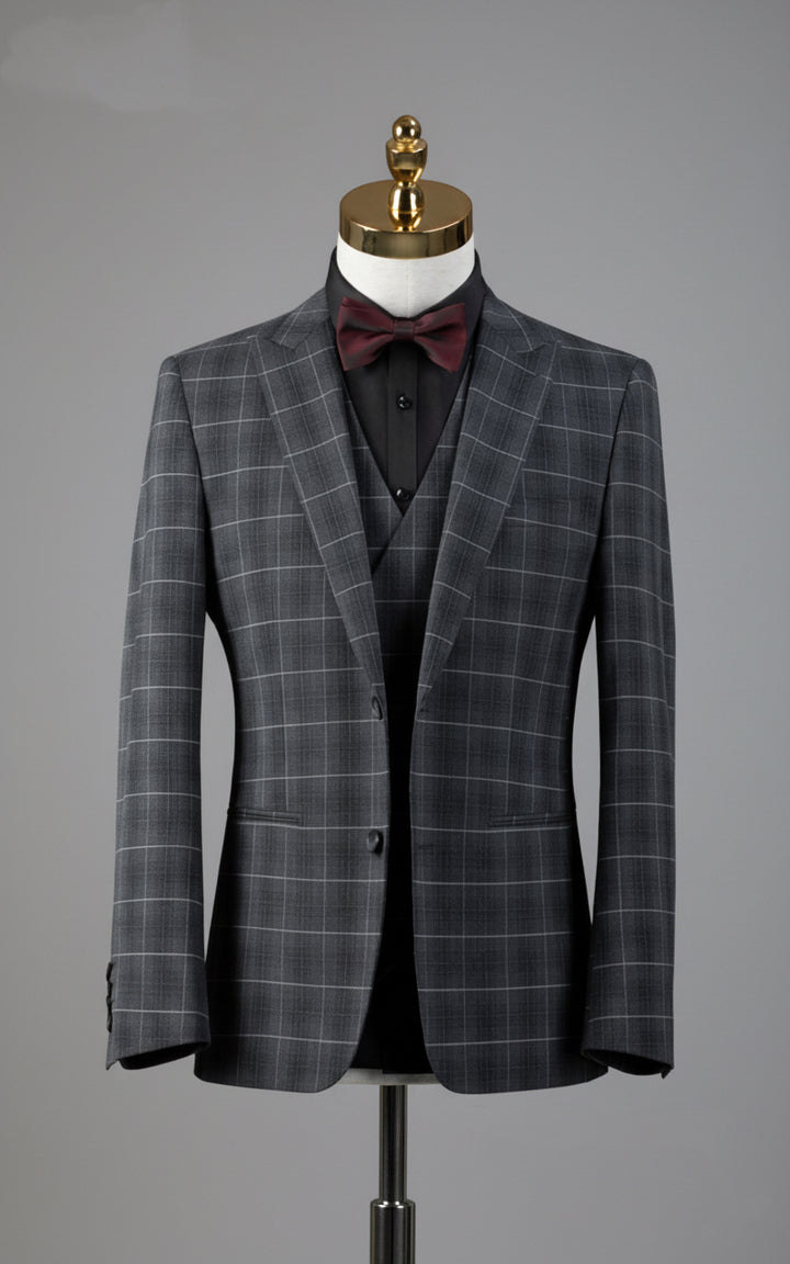 Vintage-Inspired Custom Made Grey Checkered Wedding Suit – Three-Piece Mens Formal Wear Plus Size