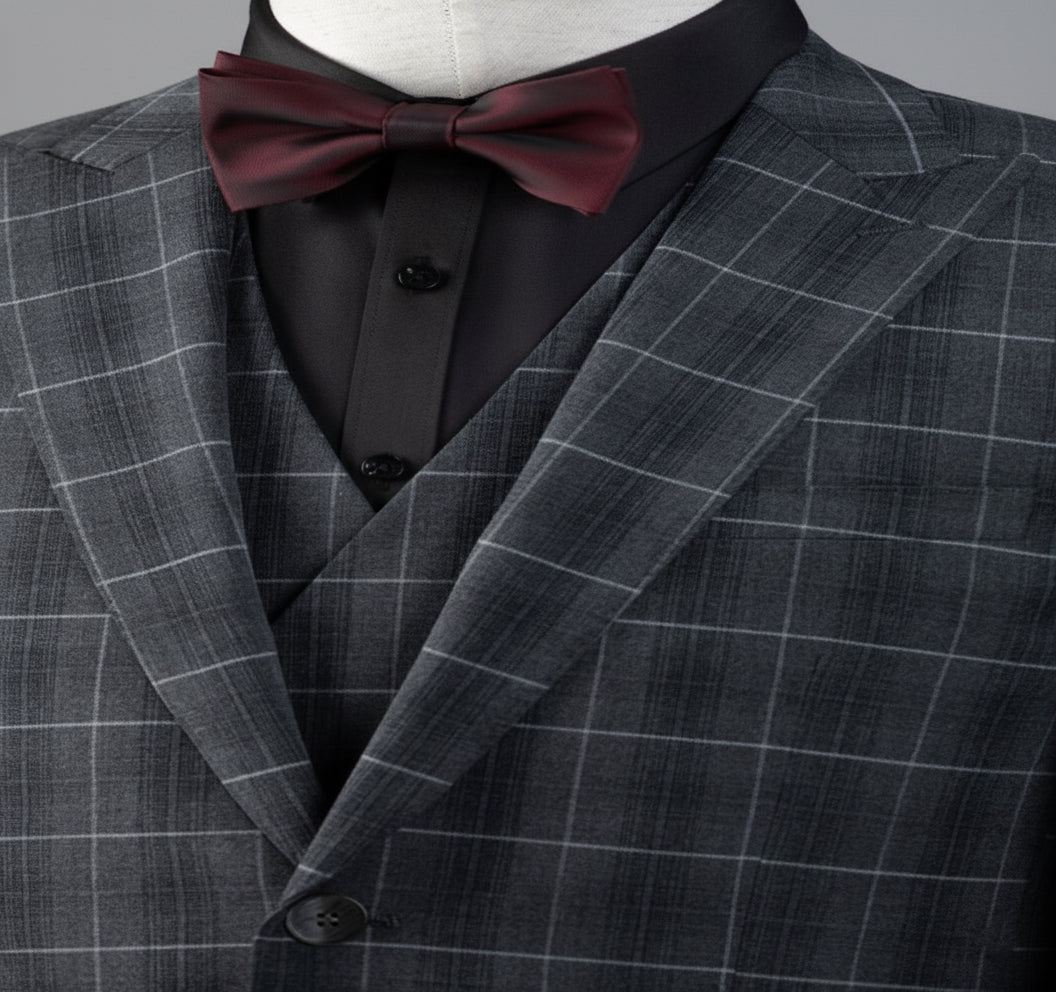 Vintage-Inspired Custom Made Grey Checkered Wedding Suit – Three-Piece Mens Formal Wear Plus Size